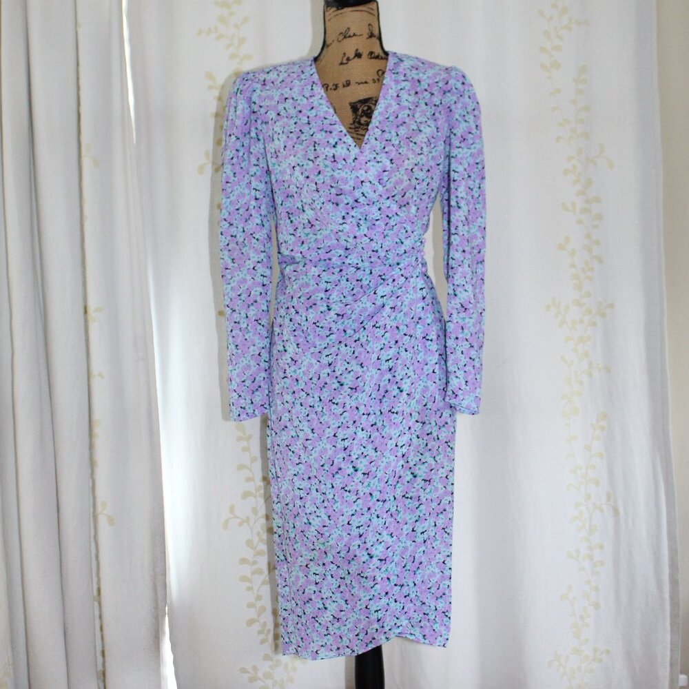 Vintage 1980s California Visionz Sheer Purple Teal Floral Wrap Dress Women's 7/8